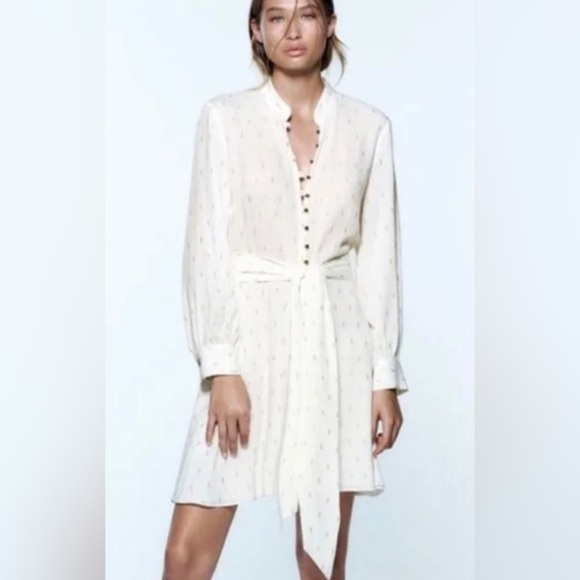 Zara Dresses & Skirts - ZARA off white button front METALLIC gold dotted MINI tunic DRESS Size medium‎
